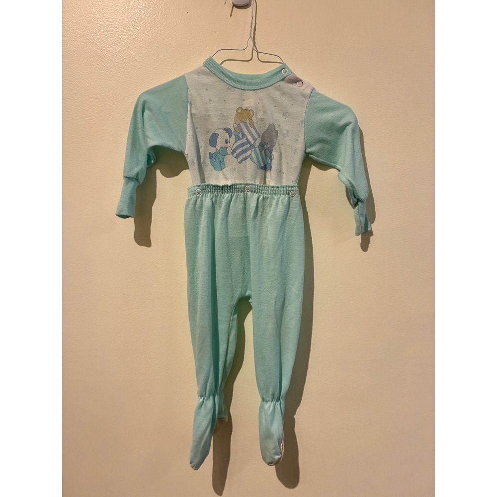 Vintage Cuddle Time Aqua Blue Footed Pajama Set 18 Months 2 Piece
